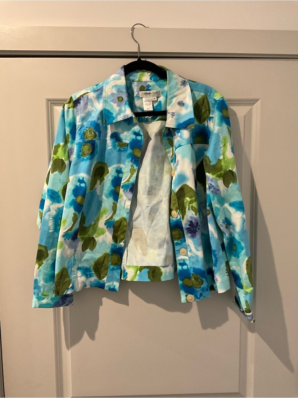 Coldwater Creek Blue Floral Button-Front Jacket with Green Accents